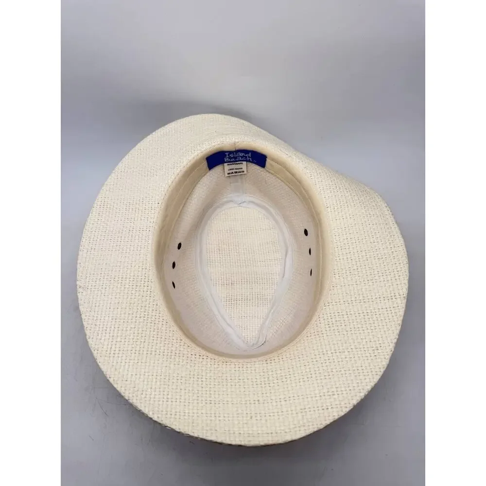 Island Beach Women's Large Paper Straw Wide Brim Sun Hat Tropical Band Beige